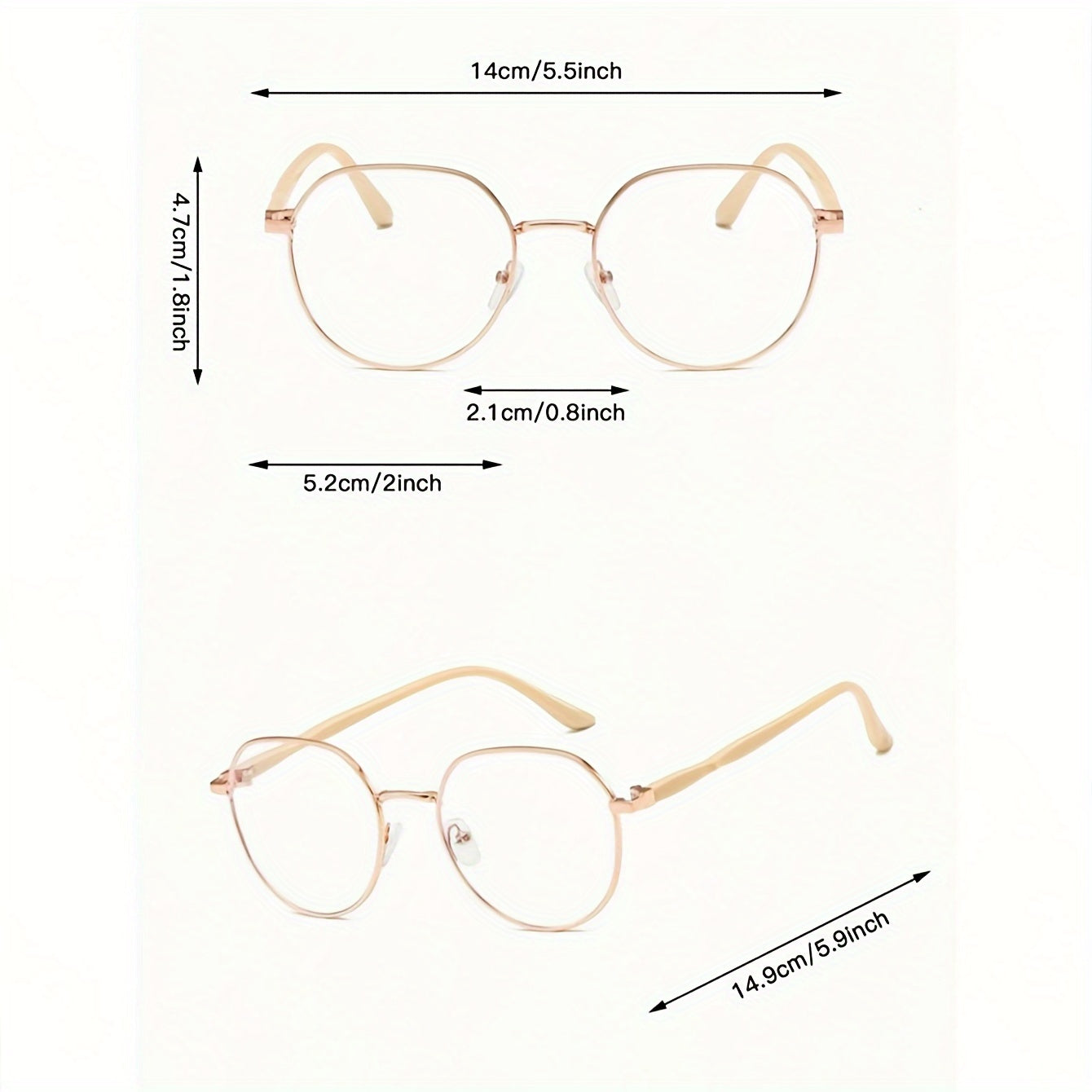 Golden and beige metal round glasses with full-rim design, ideal for reducing blue light exposure while using electronic devices.