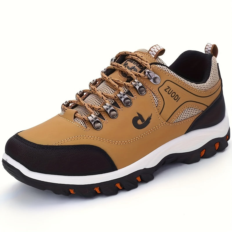 Large men's hiking boots and casual sports shoes with lace closure, solid color, lightweight design, and durable construction for outdoor activities.