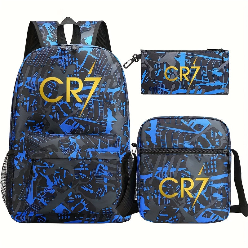 CR7 Star Print Polyester Backpack Set includes 3 pieces: backpack, crossbody bag, and pencil case. Casual style, durable, lightweight, with zipper closure. Hand washable. Made of durable