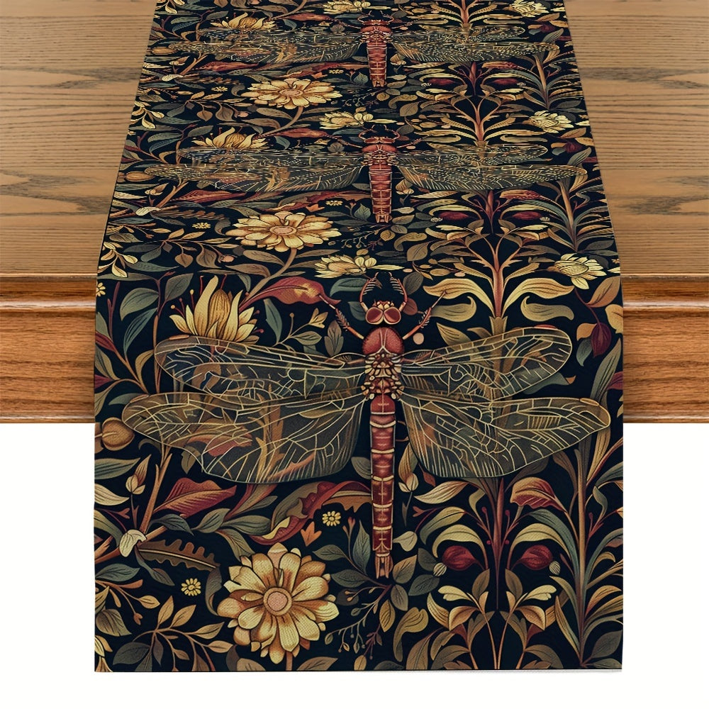 Elegant William Morris dragonfly floral table runner made from polyester for kitchen, dining room, parties, and home decor. Ideal for tabletop decoration.