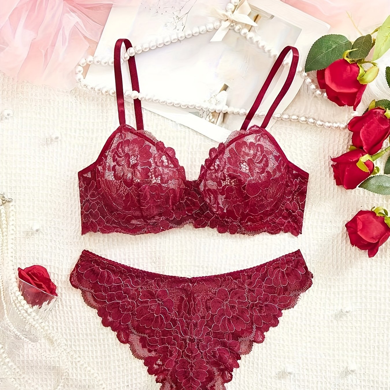 Maroon floral lace bra and panty set for women with scalloped edges. Made from a soft blend of polyester and elastane, hand washable, and semi-sheer.