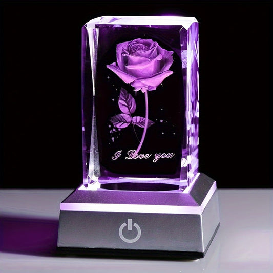 3D laser engraved rose flower crystal with color light base: perfect gift for girlfriend, wife, mom, Valentine's Day, Christmas, Thanksgiving, or as a commemorative gift and home decoration. Can also be used as a desktop night light.