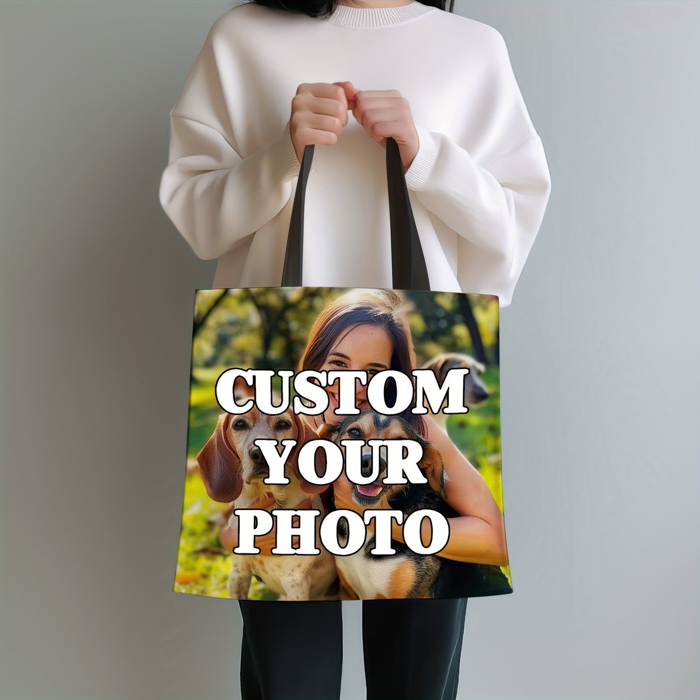 Personalized reusable tote bag with customizable photo and text, foldable design, made of polyester in mixed colors.