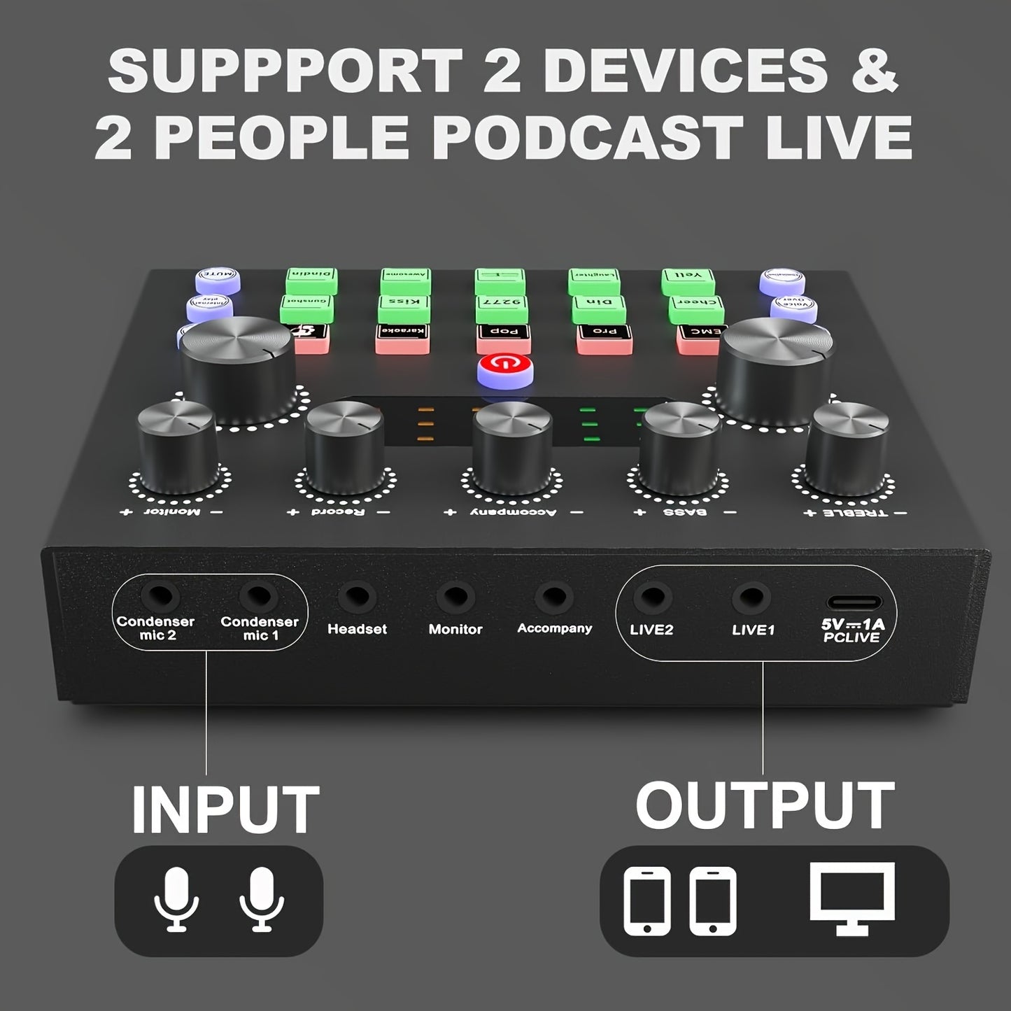 Podcast studio kit with audio interface, mixer, and microphone for high-quality recording. Compatible with PC, laptop, and smartphones. Ideal for podcasting, music production, and live