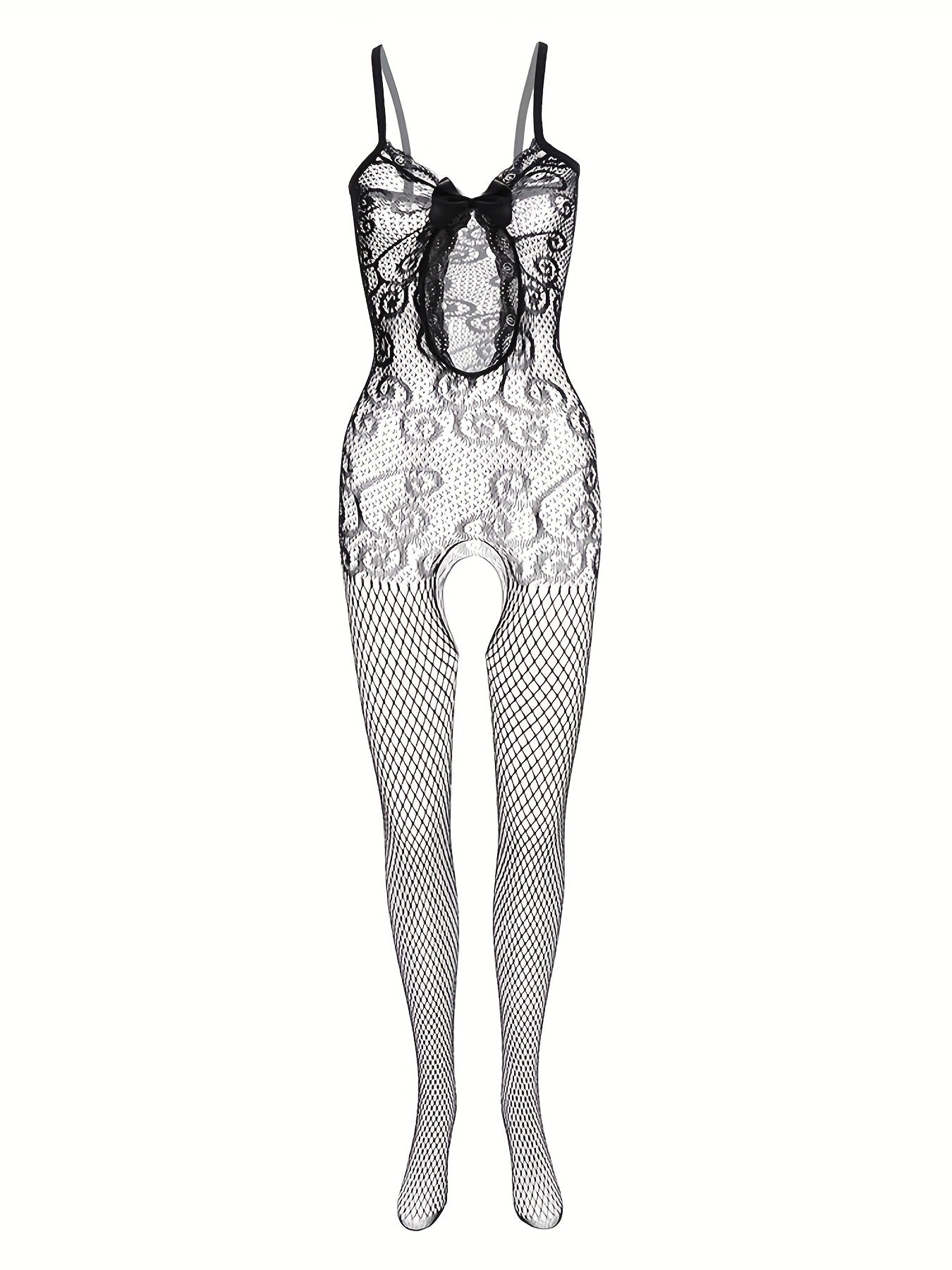 Set of 4 sexy fishnet bodystockings with open crotch and jacquard design for women's lingerie.