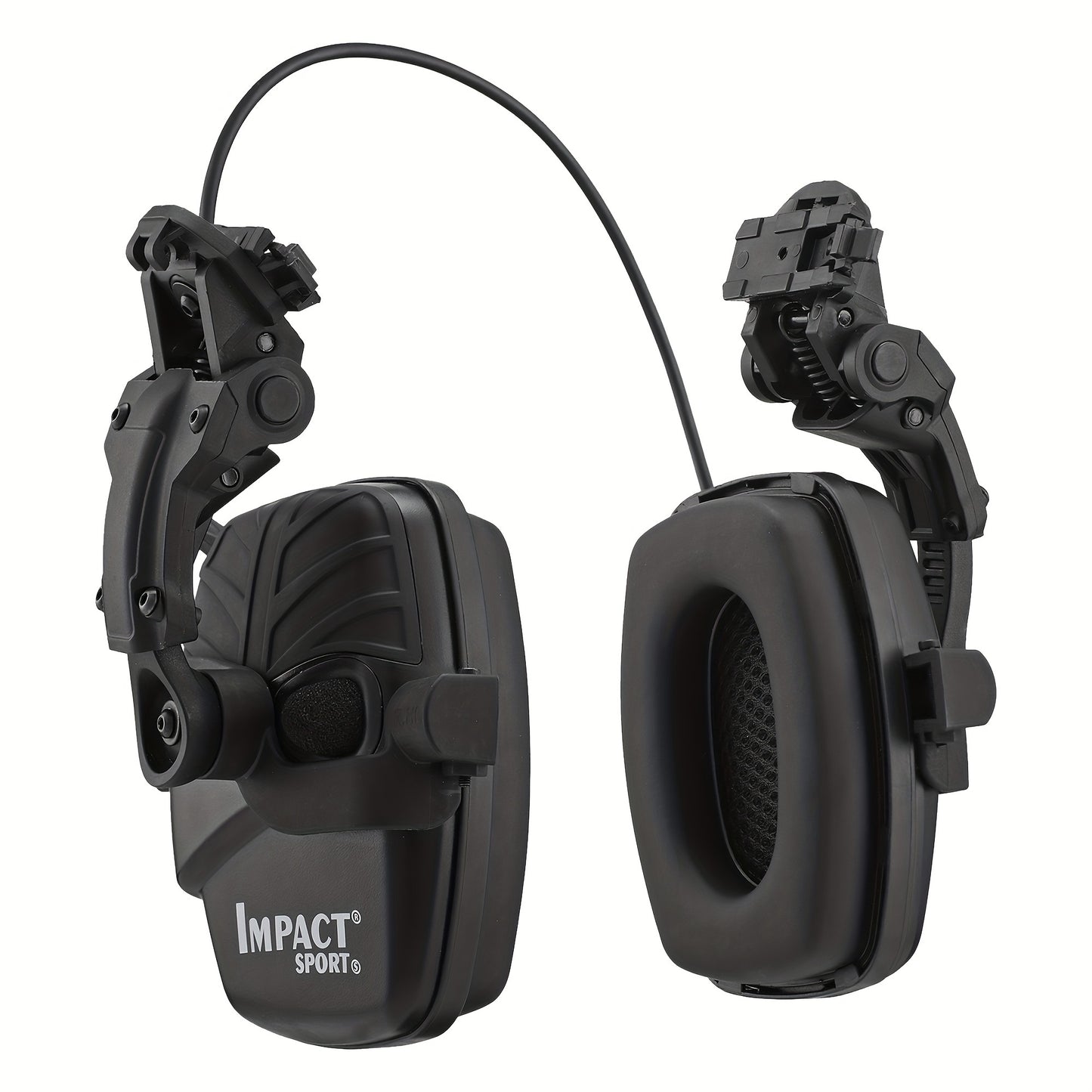 Helmet-mounted tactical shooting earmuffs with electronic sound pickup, active noise reduction, and no battery requirement.