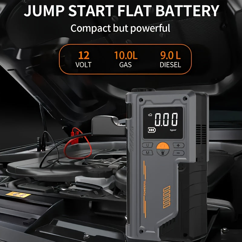 Portable car inflator pump with emergency night light and wireless power supply. Features 8000mAh lithium battery for tire inflation and emergency use.