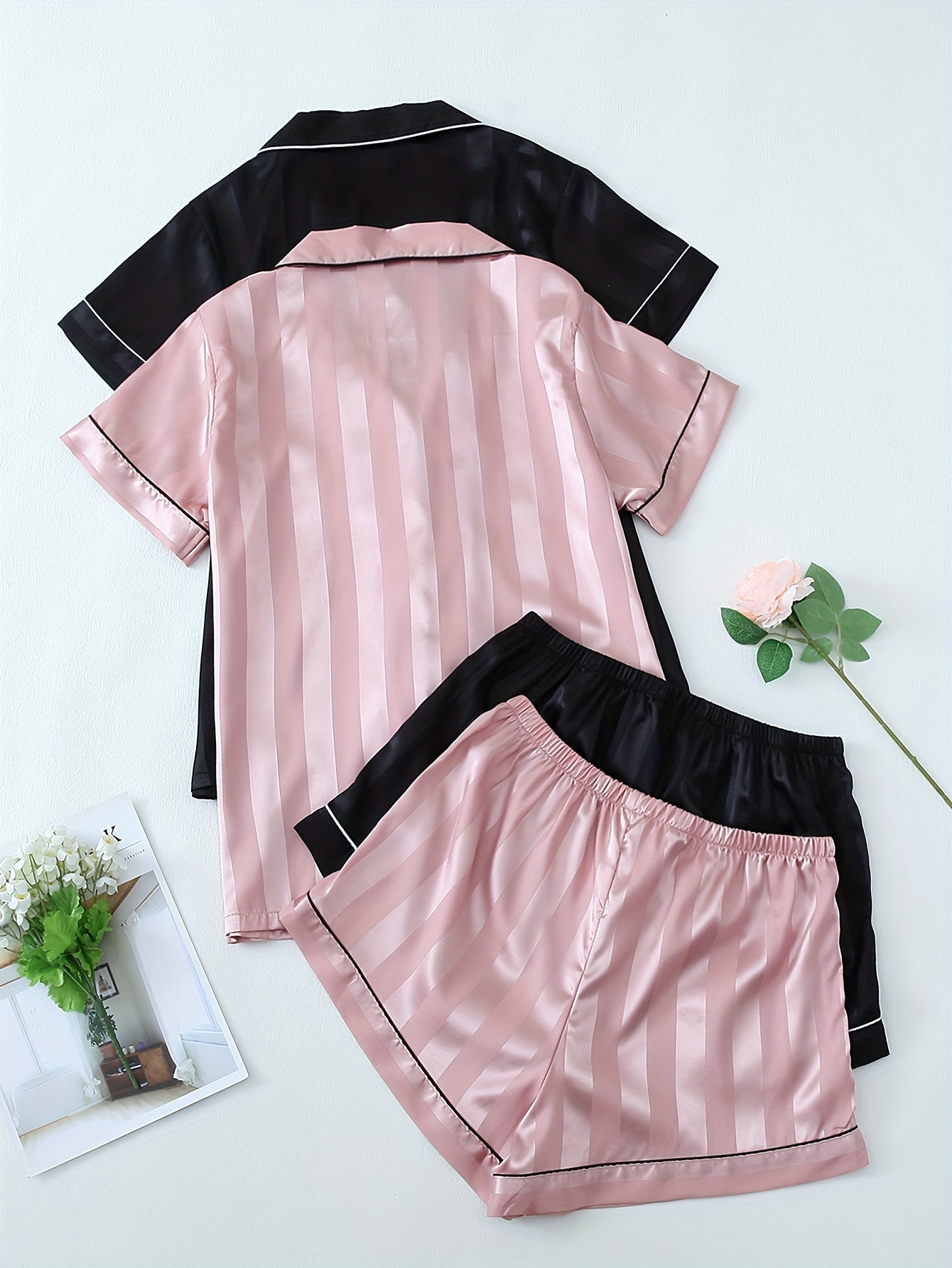 Women's Striped Satin Pajama Set with Short Sleeve Button Top & Shorts, Relaxed Fit