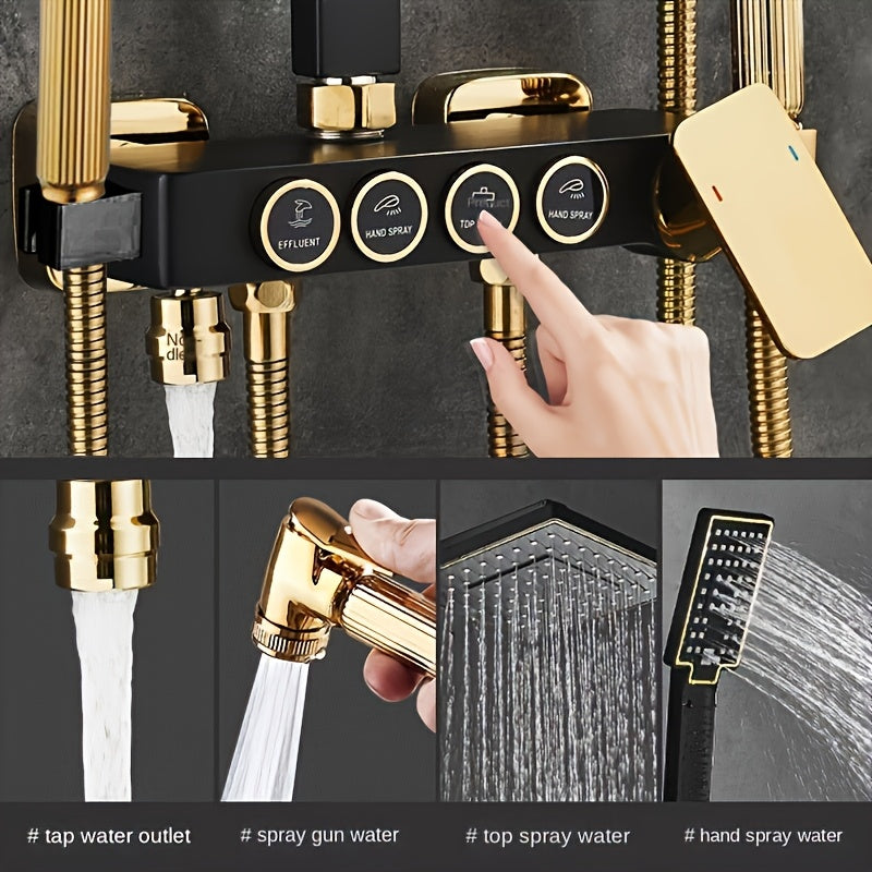 Luxurious Black & Golden Shower System: 20.32cm Rainfall Head, Handheld Spray, 4-Function Tub Faucet, Brass Valve, Hot & Cold Mixer - Complete Bathroom Upgrade Kit with Single Handle.