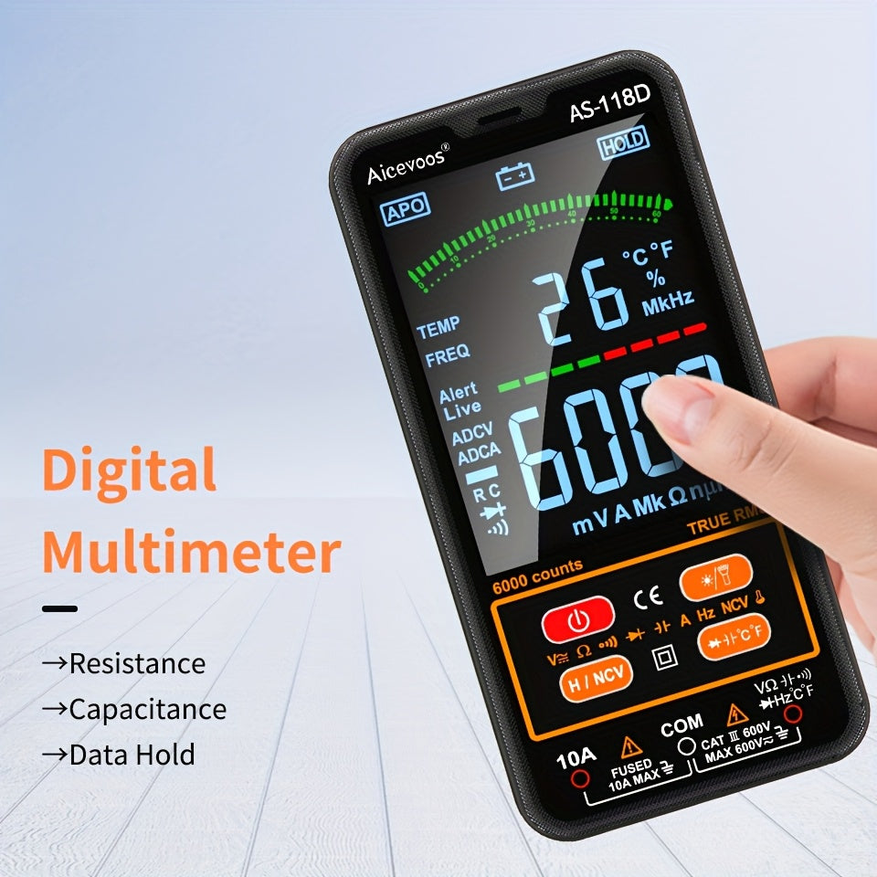 Smart digital multimeter auto-ranges to measure voltage, current, capacitance, resistance, continuity, duty-cycle, temperature, and frequency.