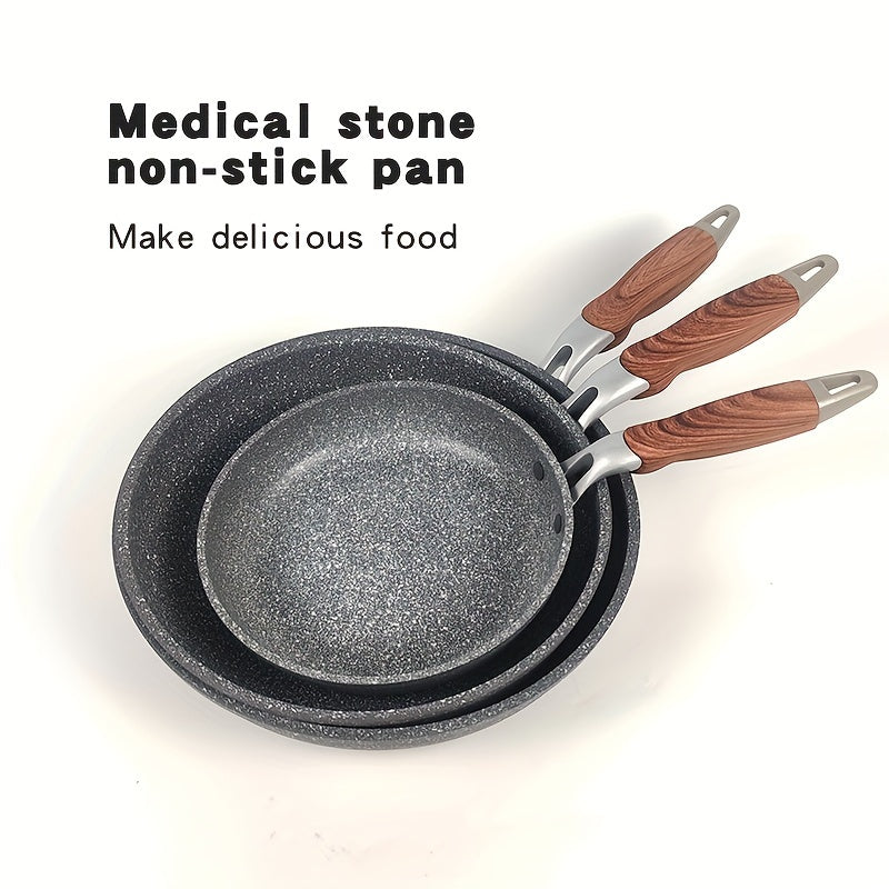 Set of 3 multi-sized frying pans made of cornstone material. Features a flat bottom design, non-stick coating, rust-resistant, easy to clean, compatible with induction cookers and gas stoves. Complete with anti-scald handles for safe cooking.