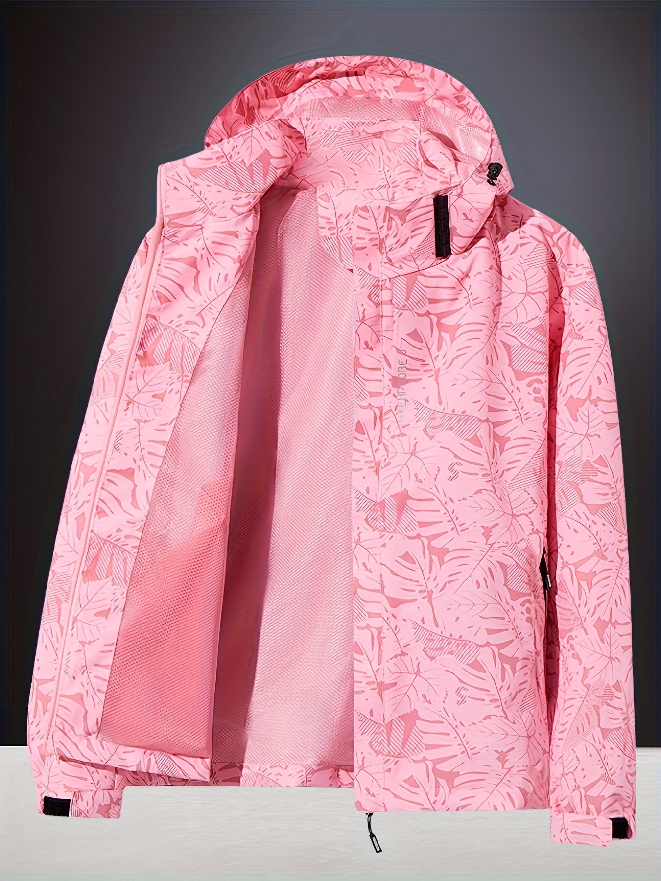 Women's outdoor sports jacket with water-resistant and windproof features, detachable hood, and zipper closure.