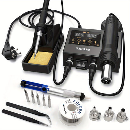 ILIBILIB 2-in-1 Soldering Station Kit with Hot Air Rework and Soldering Iron, ABS Material, 220-240V Power Supply, European Standard Plug, Digital Temperature Correction, Sleep Function, No