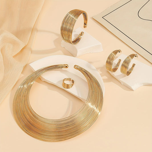 Choose between a luxurious jewelry set of necklace, bangle, earrings, and ring dupes, all plated in 18k gold with a multi-layer design in either silvery or golden. Make your decision now.