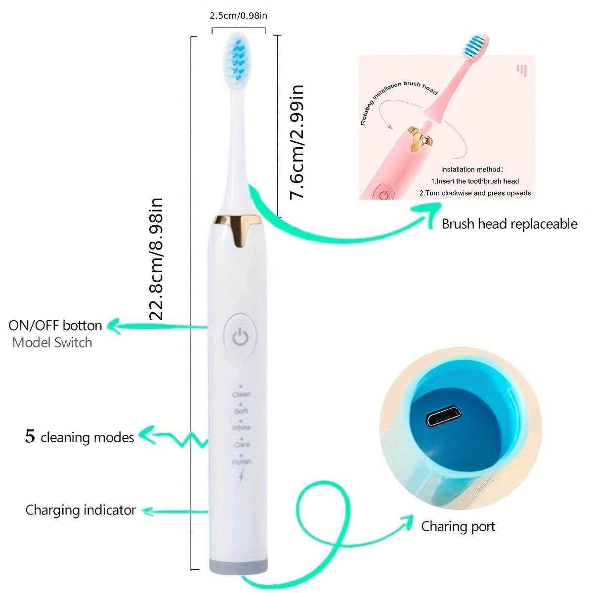 EC810 Electric Toothbrush with 7 Dupont Brushes, 5 Modes, USB Charging, Rechargeable Battery, ≤36V Voltage, 500mAh - Removes 7X More Plaque