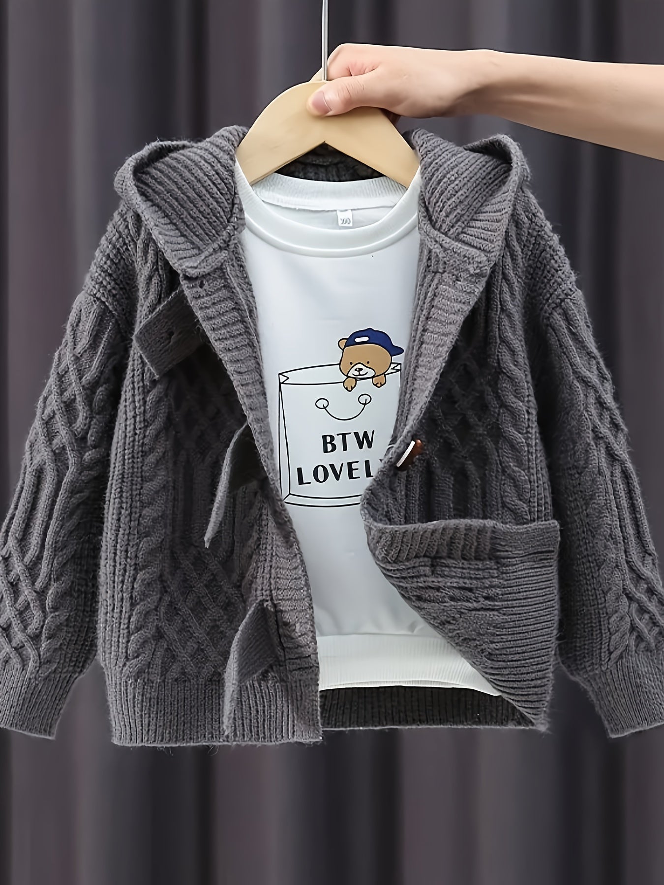 Boys' Cozy Knit Cardigan - Thick and warm hooded sweater for fall/winter with casual style, button-up front, and long sleeves.