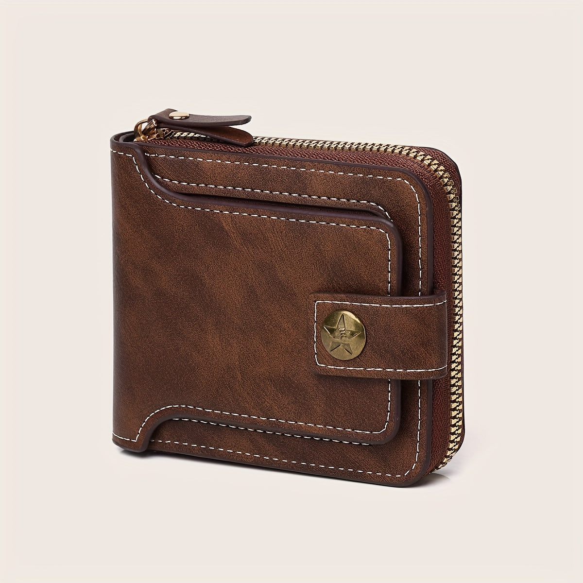 Men's small PU zipper bag with button decoration, credit card holder, and bifold design.