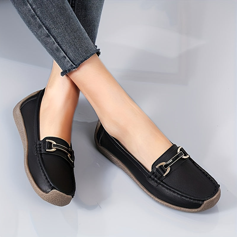 Women's metal decor loafers, casual slip-on flat shoes with lightweight faux leather material.