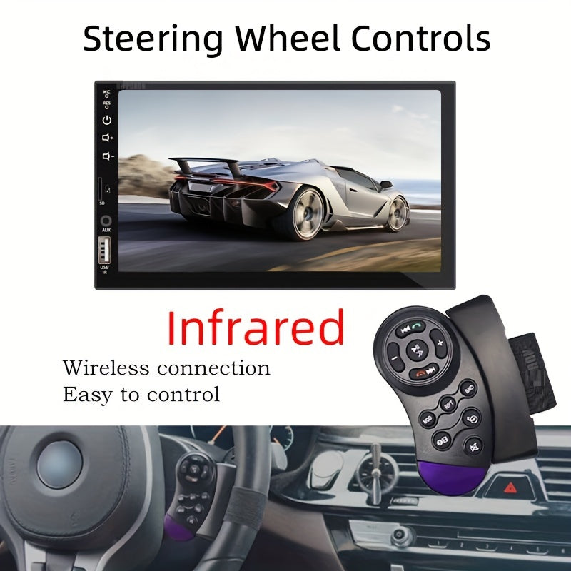 Compact single DIN car multimedia player with 17.78cm HD touch screen, support for wired CarPlay and AndroidAuto, MirrorLink, navigation and music connection. Features touch buttons