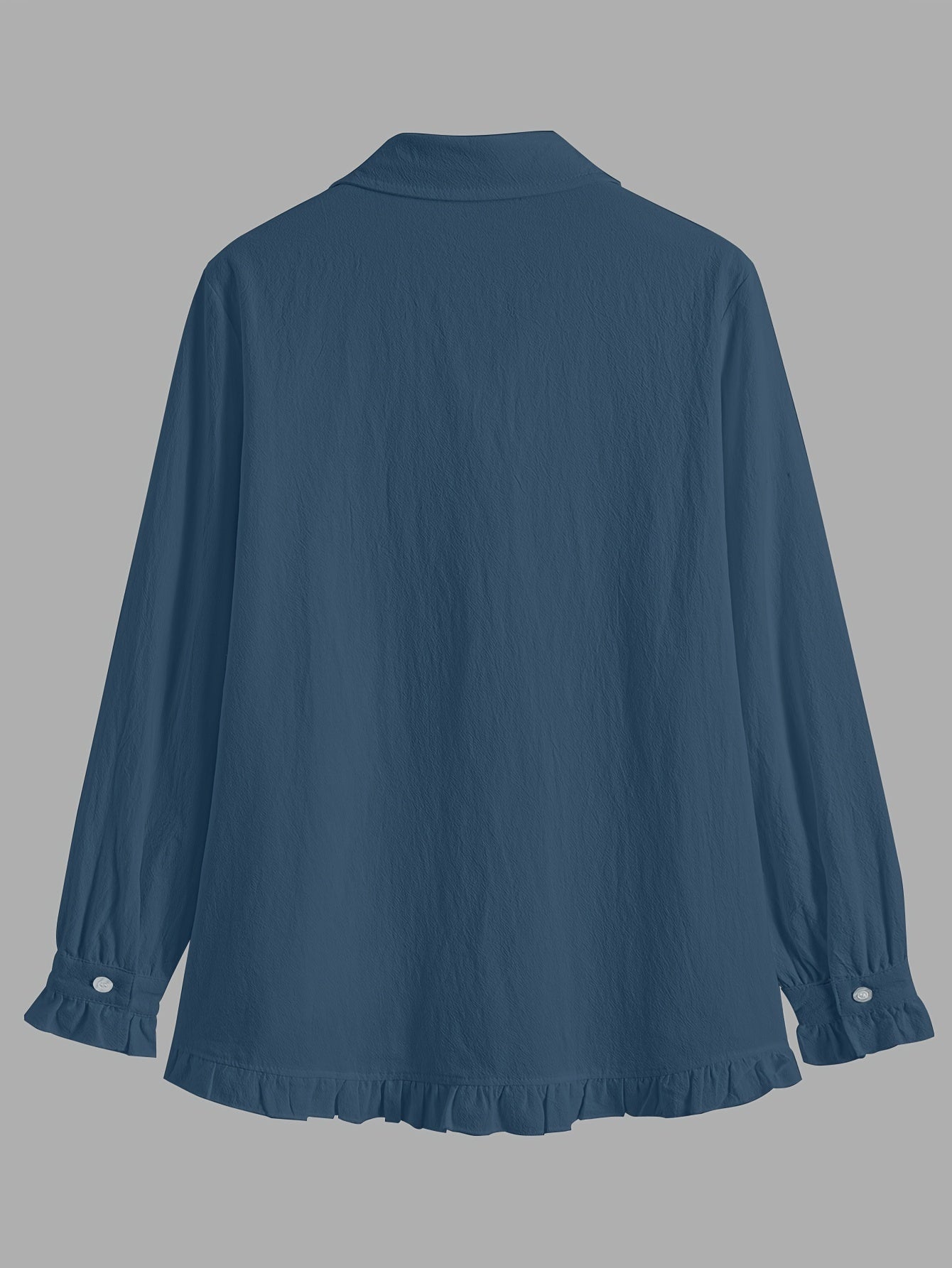 Loose-fitting collared shirt in solid color with front buttons and lace trim.