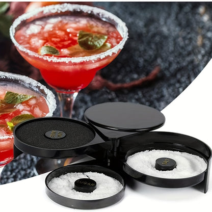 Black plastic 3-tier cocktail rimper for cocktails like Margaritas and Bloody Marys - bartender essential with sponge.