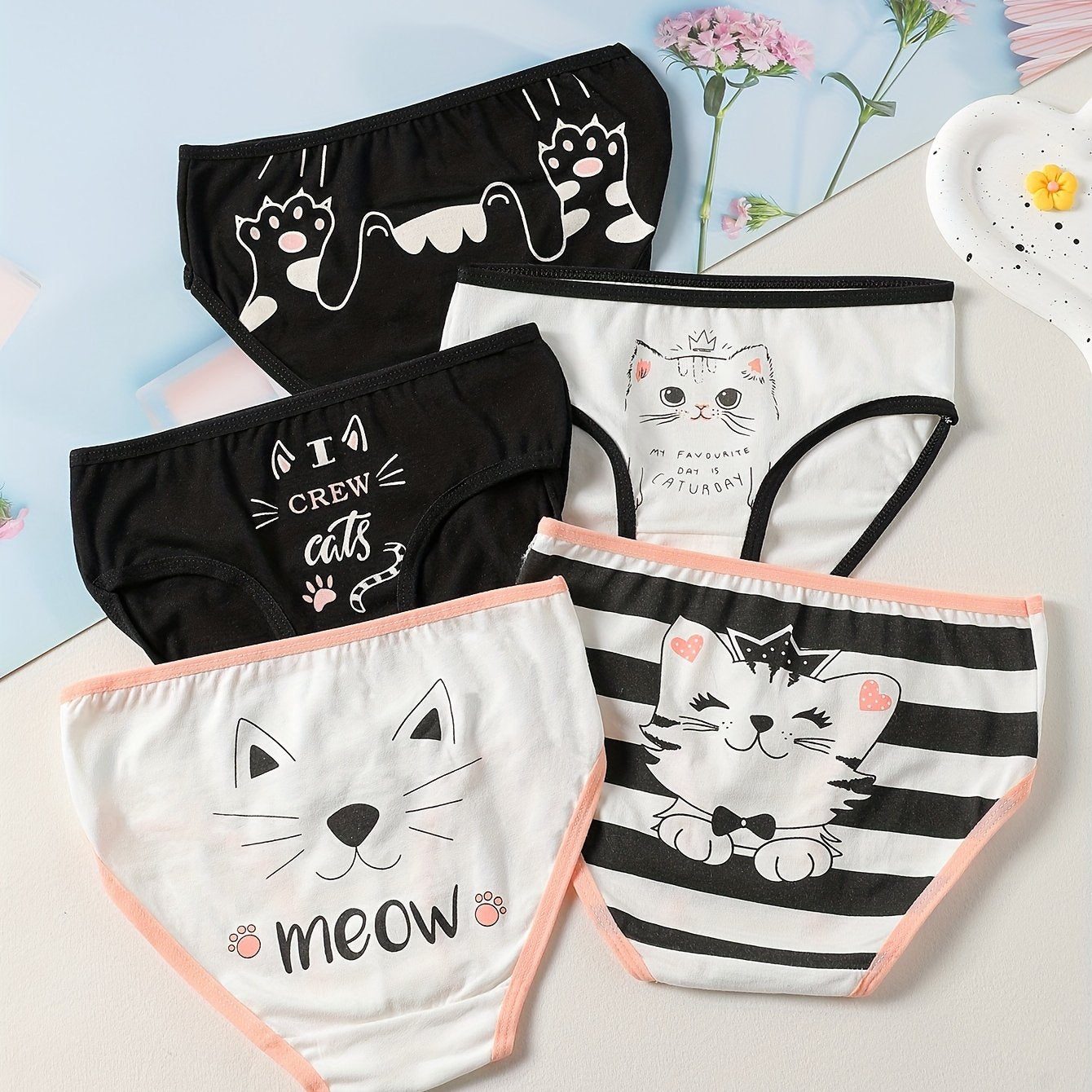 5-Pack Girls' Cotton Blend Briefs with Cute Cat Pattern, Soft and Breathable Fabric, Medium Stretch Fit