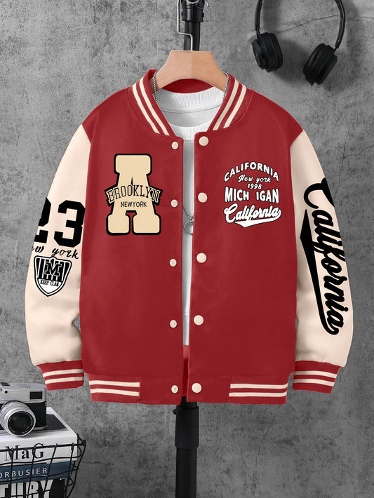 Boys' polyester varsity jacket with geometric pattern and baseball collar, featuring letter A and number 23 print.