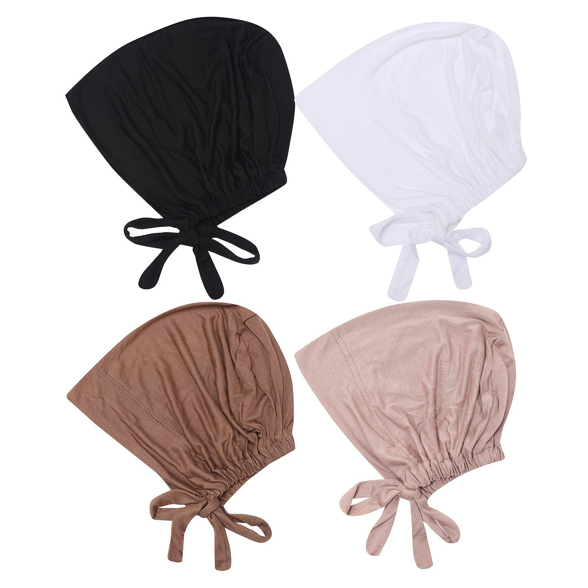 Adjustable Modal Undercap Set includes 4pcs of breathable, stretchy lace-up inner hijab caps for women in solid colors.