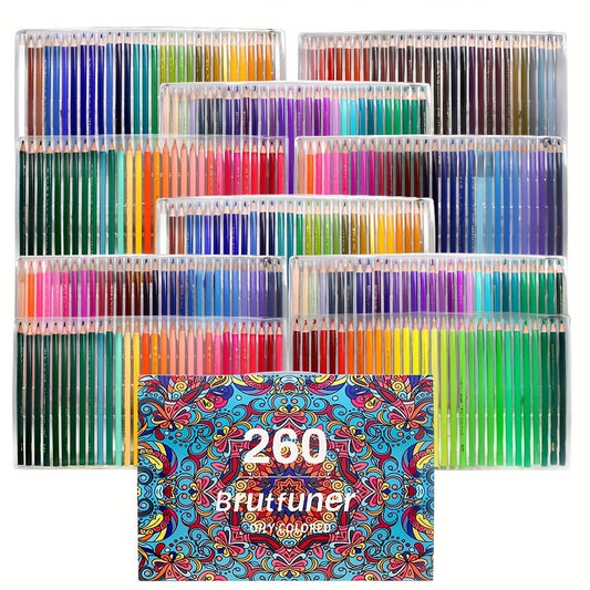 260 colored pencils in drawer-style paper box for drawing, painting, coloring, and marking. Ideal for adult coloring books.