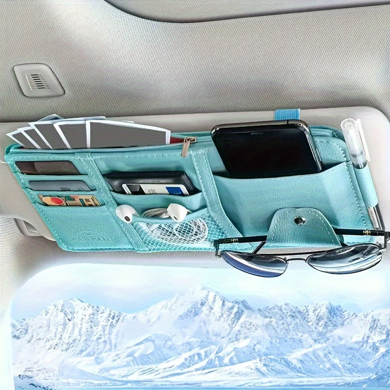 Car sun visor storage box with multiple functions: sunglasses organizer, card pouch, interior accessory.