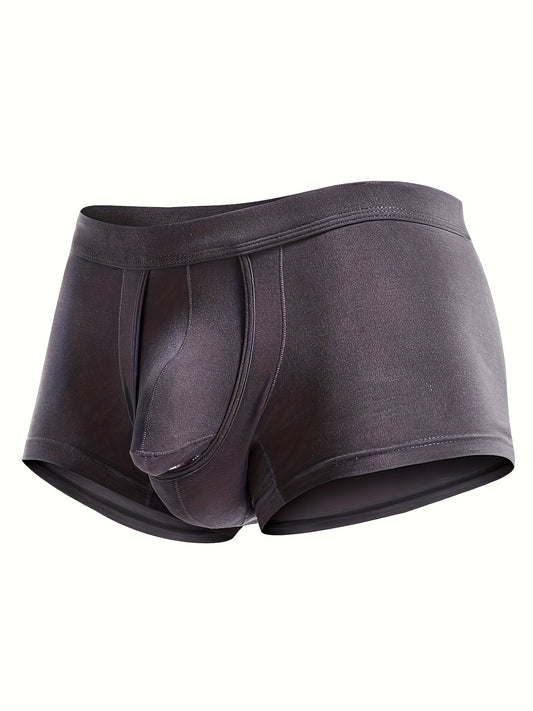 Men's sports boxer with bullet type separation and wear-resistant leg design.