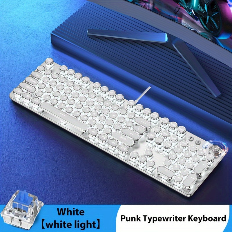 EWEADN Steampunk Mechanical Gaming Keyboard - Full Size with 104 Keys, Metal Panel, LED Backlit, USB Wired, Multimedia Knob, Black Switches, Ideal for Gamers and Office Use.