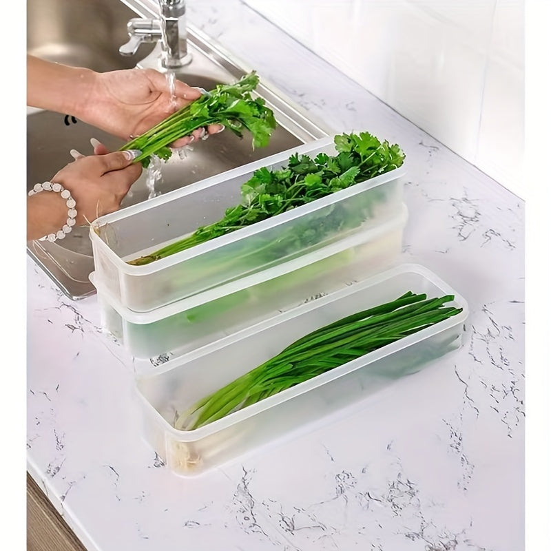 Two large plastic food storage containers designed for organizing vegetables in the refrigerator. These durable kitchen organization boxes feature a secure seal and require no electricity. Perfect for use as desk and drawer organizers for home storage.