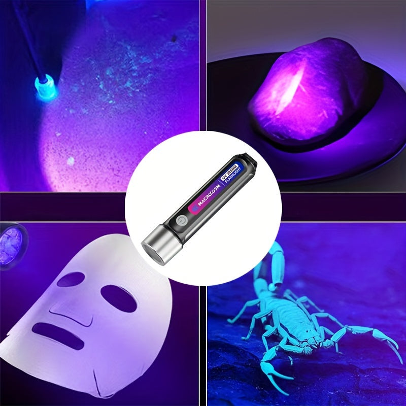 Portable UV LED flashlight for hotel inspection, urine detection, scorpion finder, and more - USB rechargeable with lithium battery.