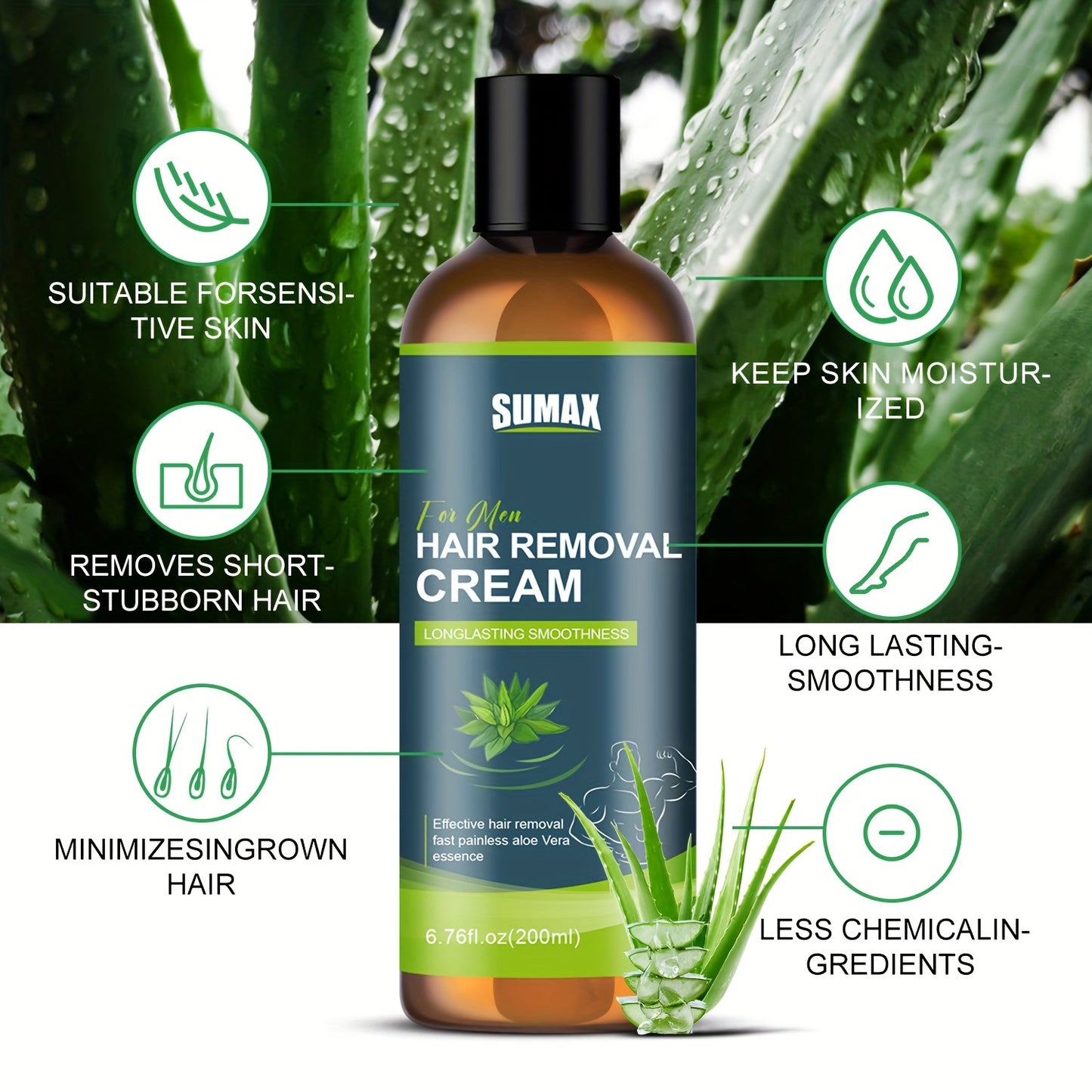 6.76 fl.oz SUMAX Aloe Vera Hair Removal Cream for Men - Gentle, Effective, Alcohol-Free, Natural Extracts, Smooth Skin, Body & Underarm Use