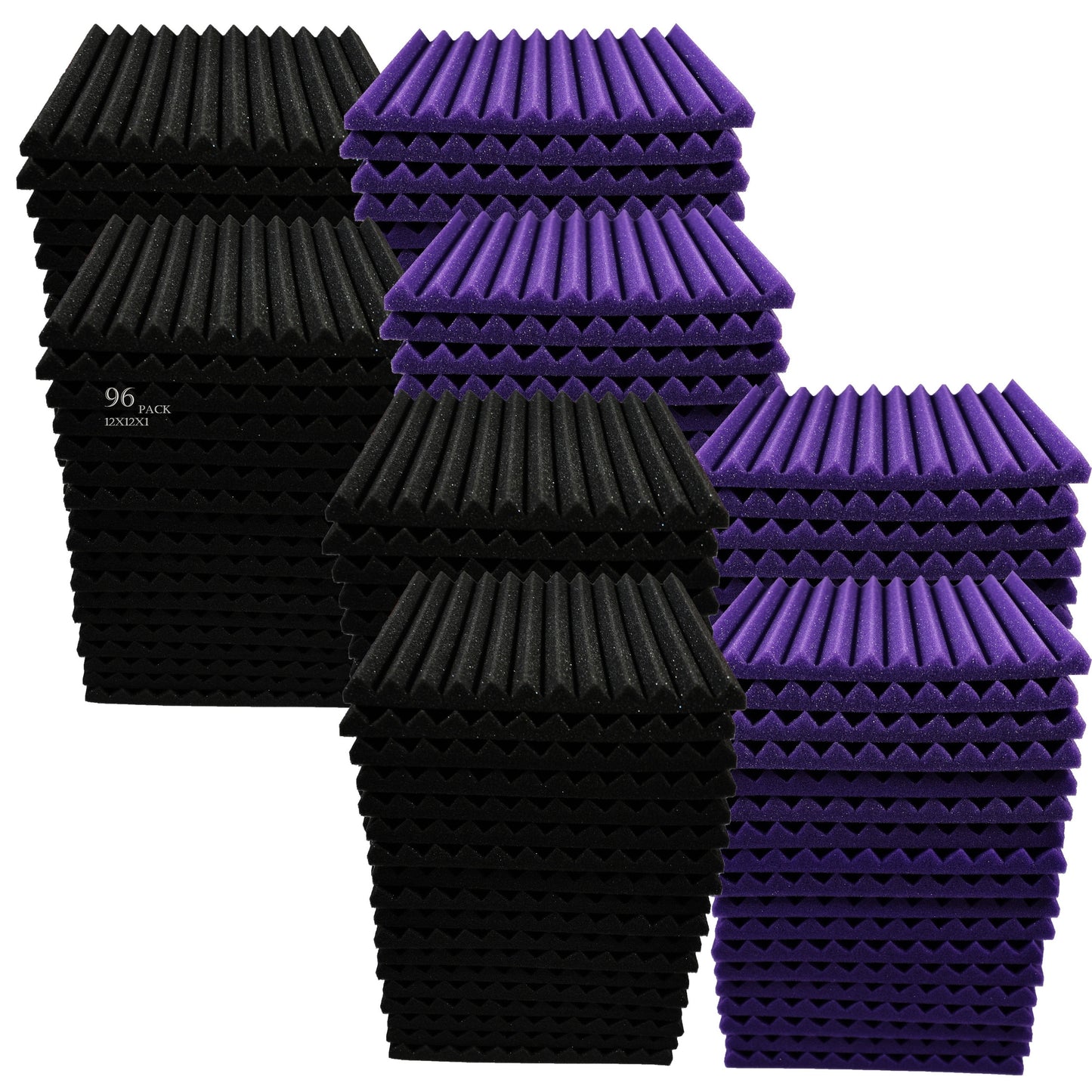 96 black and purple acoustic foam panels (12" X 12" X 1"/30cm X 30cm X 2.5cm) with double-sided adhesive tape for sound absorption in studios.