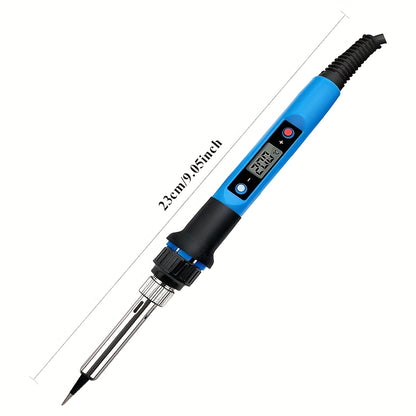 80W adjustable temperature soldering iron kit with European plug, blue & black, includes precision tips & solder paste for DIY electronics projects.