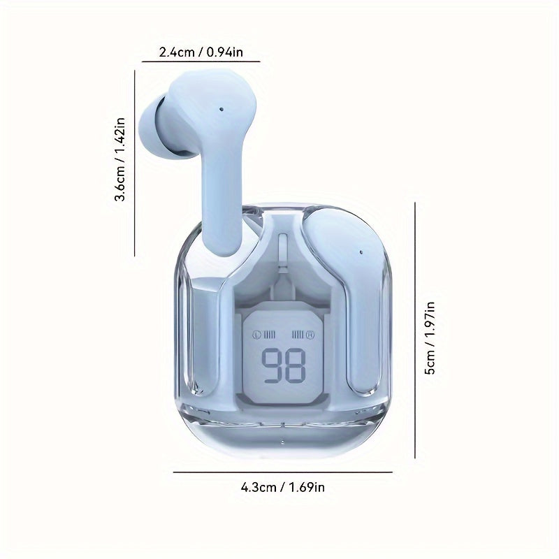 Transparent wireless earbuds with LED display, semi-open-back design, USB-C charging, condenser mic, lithium polymer battery, media control, for adults - charger not included.