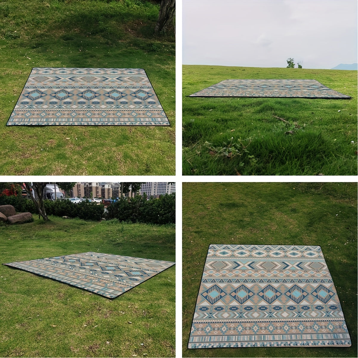 198.12cm x 198.12cm waterproof picnic and beach blanket made with durable 210D Oxford fabric. Tear-resistant, sand-free, and machine washable. Features a vibrant geometric pattern in blue