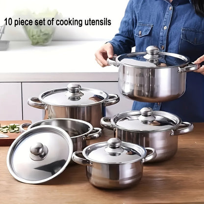 Set of 10 stainless steel saucepans, suitable for induction stovetops, includes deep soup pots with lids, ideal for home cooking and outdoor use. Portable cookware set.