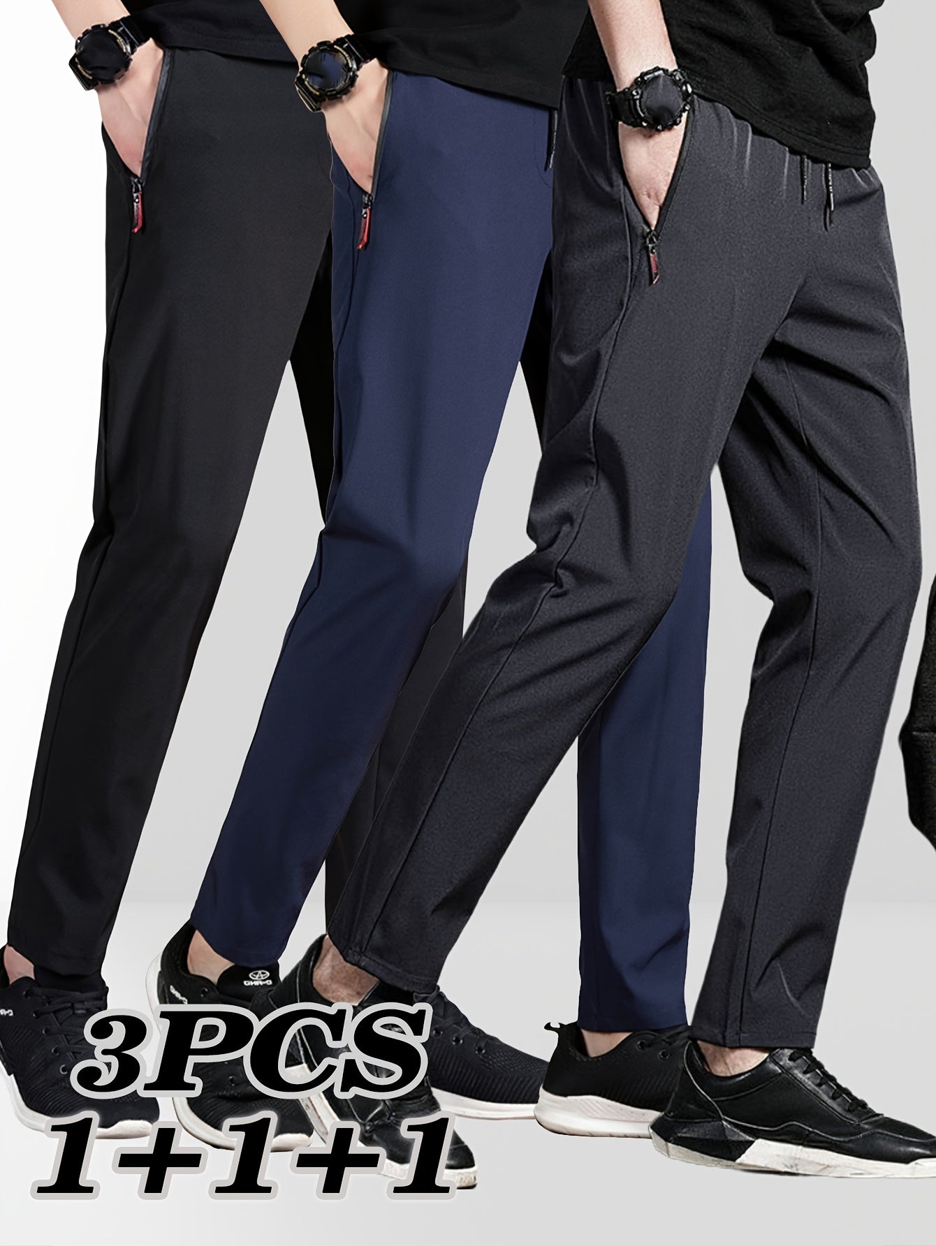 Three men's large size casual trousers for training, fitness, and sports. Plus size and simple design.