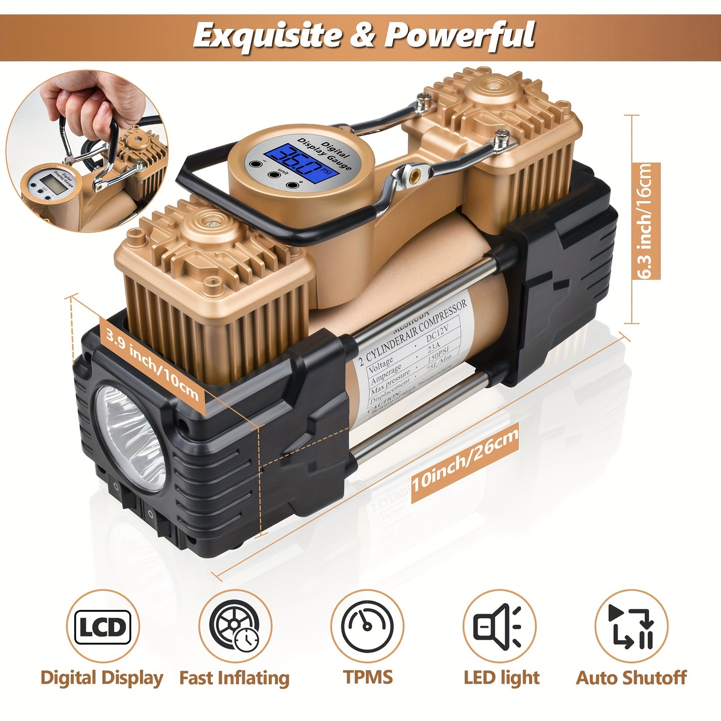 MESHUBA Twin Cylinder Air Compressor: 12V 150 PSI, Auto Shut-Off, Digital Gauge & LED Light. Heavy duty portable tire inflator for cars, bikes, SUVs, includes carry bag for accessories