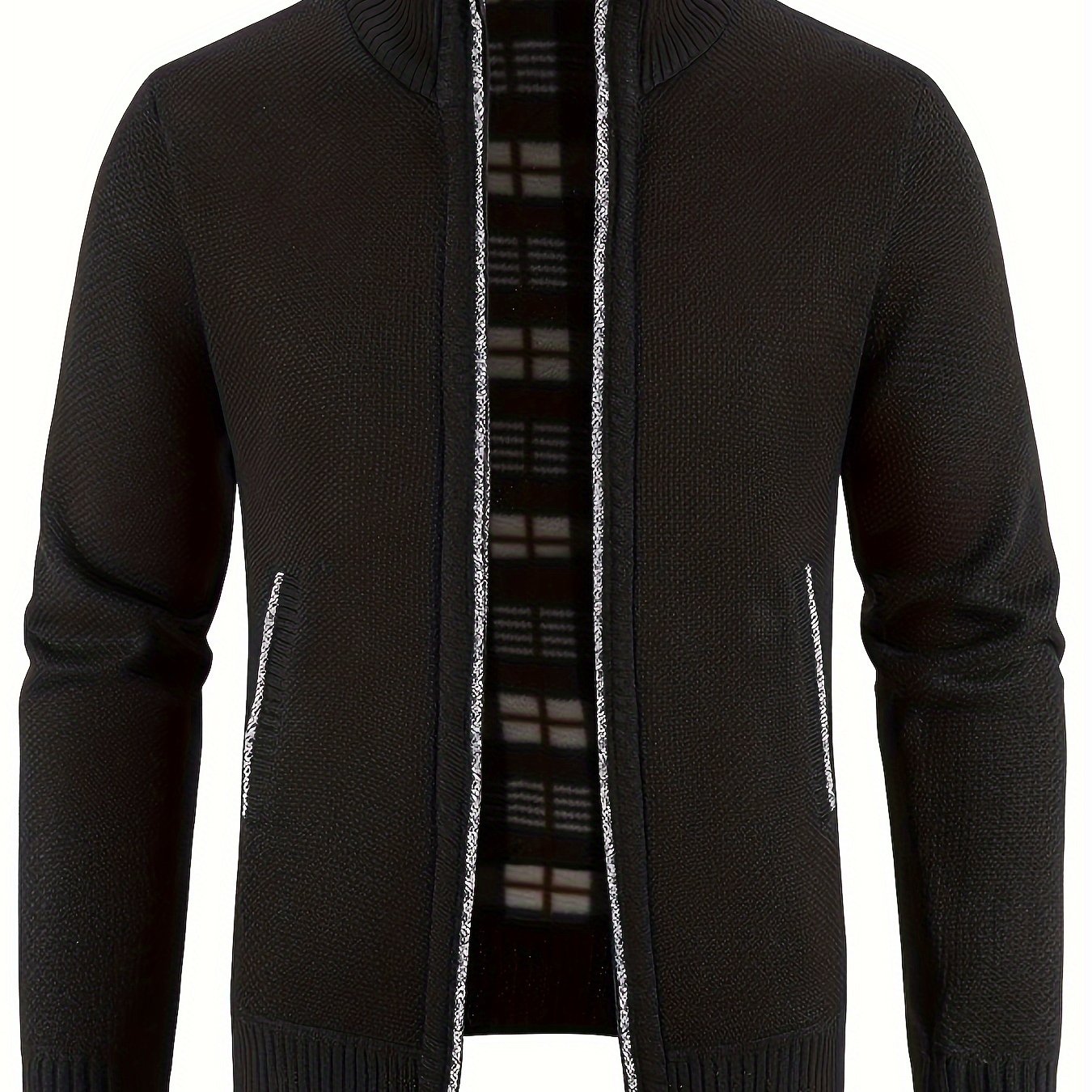 Men's zip-up jacket with high neck, full-zip, long sleeves, polyester blend, ribbed cuffs and hem. Casual fall/winter style in 8 colors. Zip up sweater.