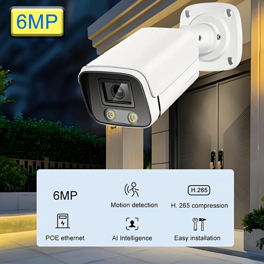 6MP Outdoor POE IP Security Camera with Full-Color Night Vision, Human Detection, One-Way Audio, Wide-Angle Lens, AI Video Surveillance, and Wired Connection to NVR.