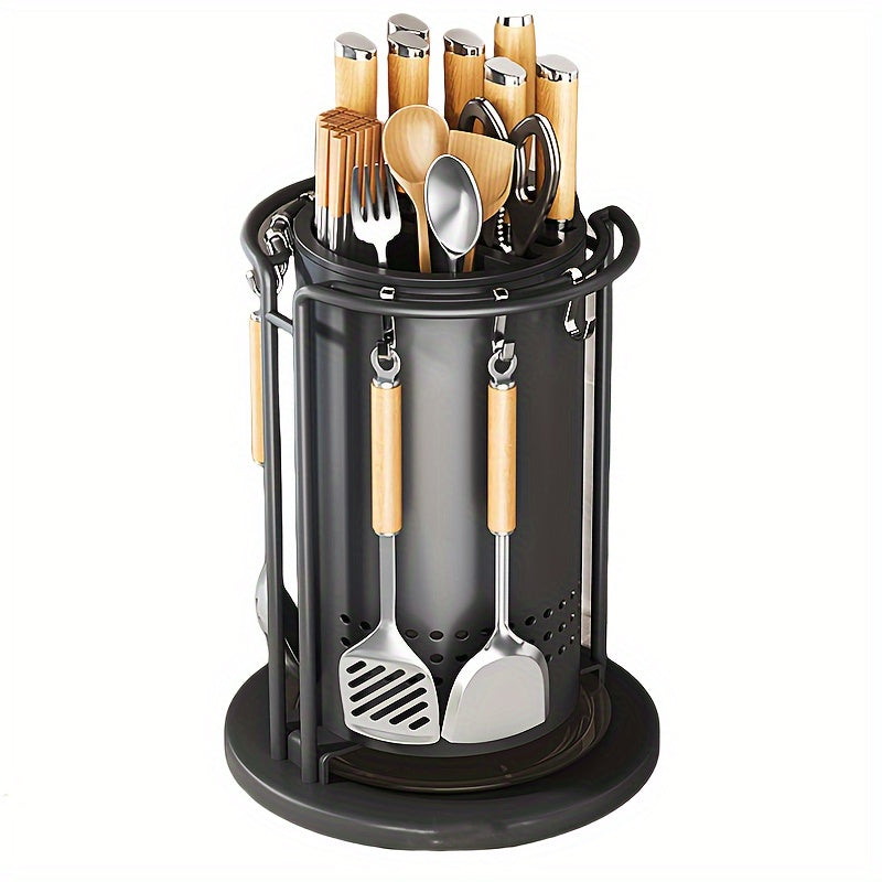 Kitchen Knife Block Set with Rotating Utensil Holder - Organize Your Cooking Tools in Style! This Multi-Functional Carbon Steel Storage Solution Saves Space for Knives, Spoons, Spatulas, and Chopsticks.