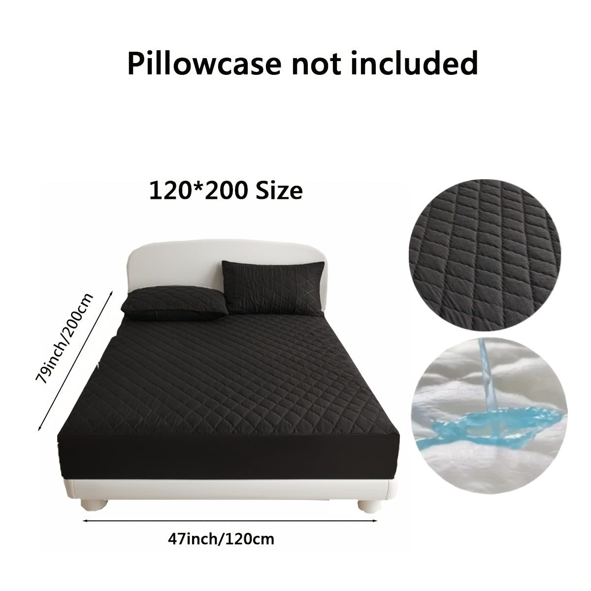 Diamond quilted waterproof bed sheet protector made of 100% woven polyester. Machine washable and available in multiple sizes (pillow shams not included).