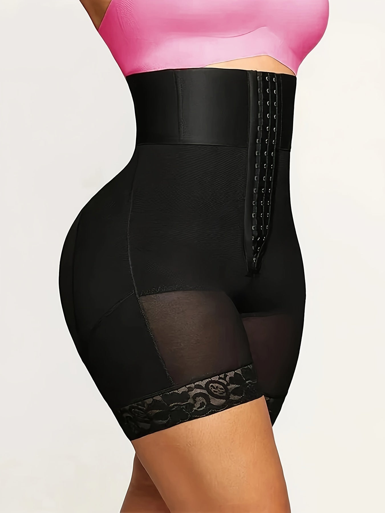 High-waist shapewear shorts with tummy control and lace trim, seamless body shaper for slimming under dresses.