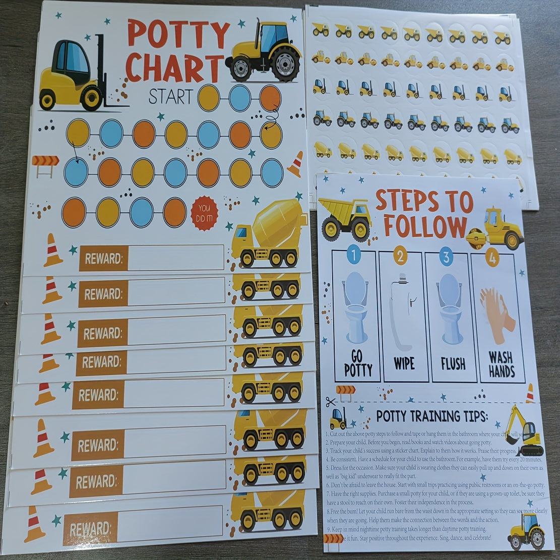 Charming Excavator Potty Training Chart Featuring Adorable Stickers, Simple Construction Truck Toilet Training Schedule with Step-by-Step Instructions & Fun Stickers