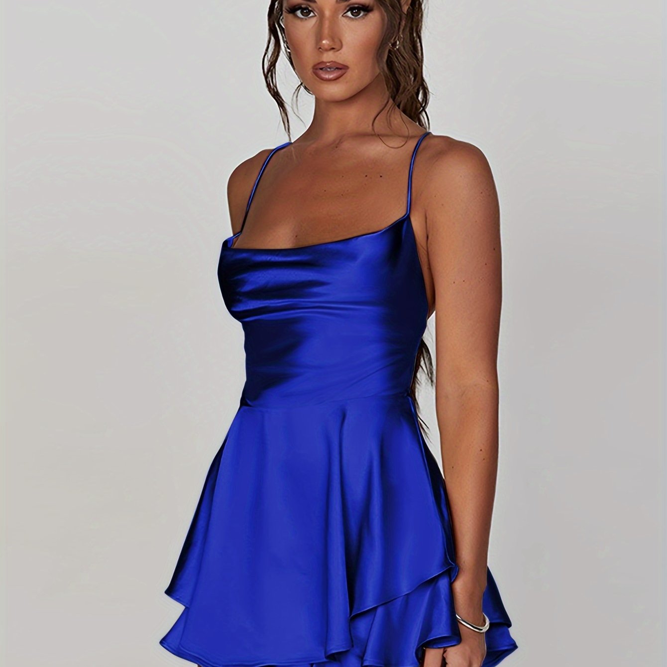 Tiered dress with spaghetti straps, cowl neck A-line mini dress, Coquette/Cute/Y2K style women's party dress.