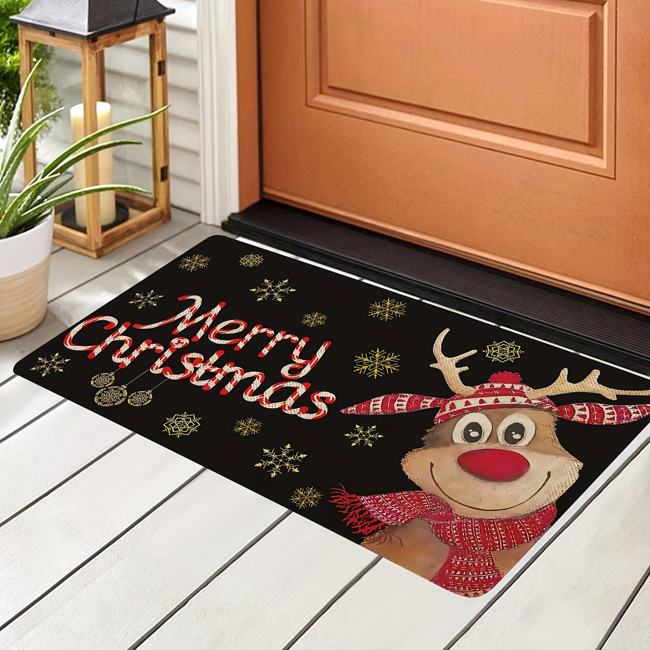 Reindeer-themed Merry Christmas Doormat, Durable Indoor/Outdoor Welcome Mat with Stain-Resistant Low Pile, Easy-to-Clean Machine Washable Polyester Material, Rectangle Shape for Holiday Entrance Decoration